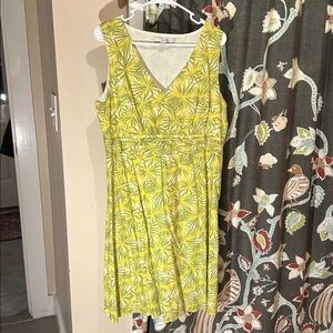 Boden Yellow Green Citron Tropical Floral Cotton V-Neck Dress